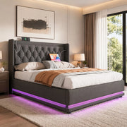 Letto matrimoniale contenitore 140x200 cm in cotone grigio, con testiera imbottita, USB Tipo-C e LED, senza materasso