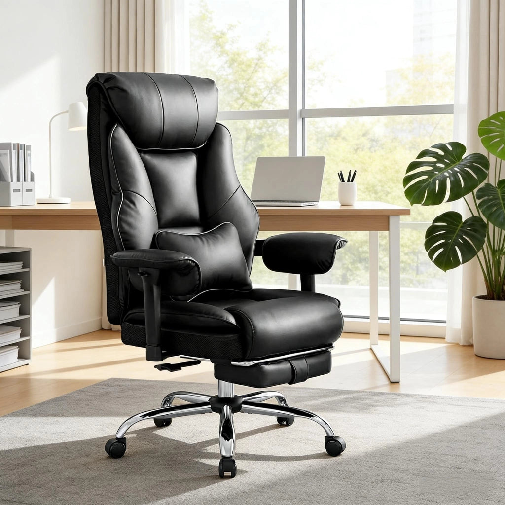 Sedia da ufficio ergonomica con supporto lombare schienale reclinabile poggiapiedi estensibile in PU nero