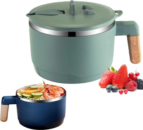 Bowl da Ramen in Acciaio Inossidabile di Cottura Giapponese 1000 ml con Doppia Isolazione e Chiusura Sigillata con Coperchio Impermeabile Servizio da Instant Noedelkom con Protezione Antiscivolo Verde