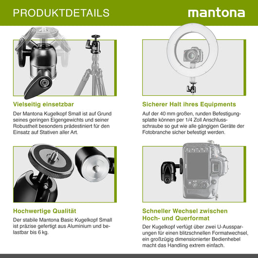 Mantona Small Testa a sfera per stativi treppiedi fotografici, 360°, Attacco fotocamera 1/4'' e attacco filettato 3/8'' con adattatore, per accessori fotografia
