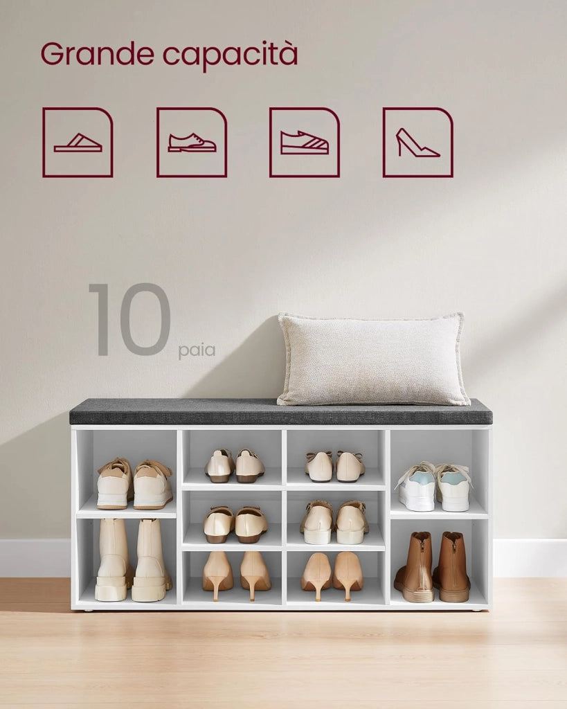 VASAGLE Panca Scarpiera, Scaffale Portascarpe a 10 Scomparti, Organizzatore Portaoggetti, con Sedile Imbottito, per Ingresso, 104 x 30 x 48 cm, Bianco LHS10WT