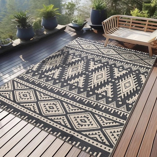 Tappeto Esterno Resistente all'Uso Esterno, Piuma in Plastica Pieghevole Lavabile Resistente ai Raggi UV Invertibile Matrimonio per Balcone Giardino per Terrazza Campeggio Pic-Nic (120 x 180 cm, Nero & Beige)