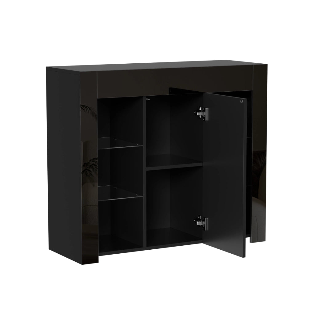 Buffet 95x35x83 cm con ripiani in vetro e anta; frontale lucido in pannello truciolare nero