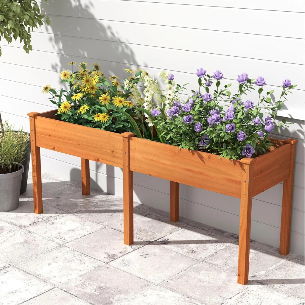 Fioriera da Giardino Rialzata, Letto da Giardino Elevato in Legno con Pannello Divisore, Fori di Drenaggio, Aiuola Rialzata per Piante, Fiori, Erbe e Verdure (Marrone)