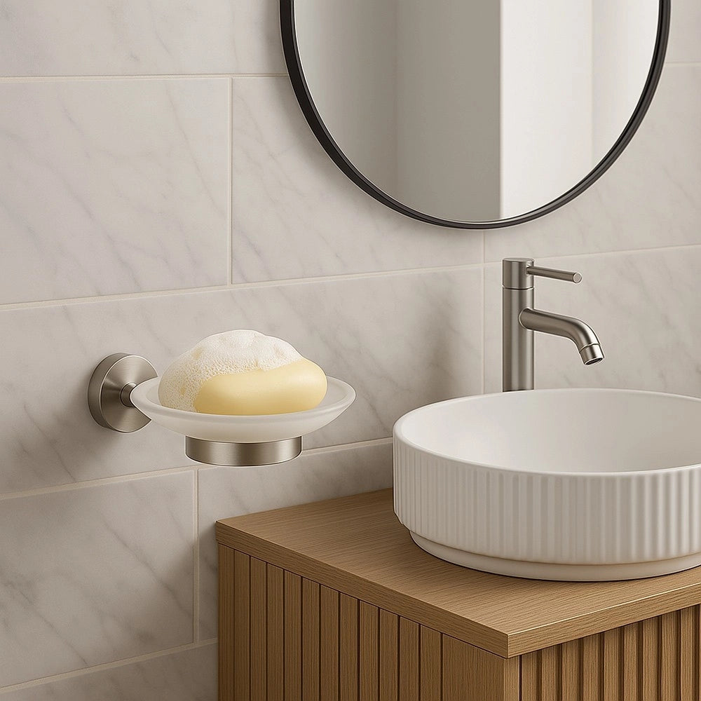 Trade Shop - Porta Sapone In Acciaio Satinato Con Piattino Vetro Satinato Accessori Da Bagno 87905 -