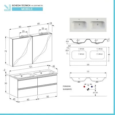 Mobile bagno con lavabo doppio 120 cm grigio cemento e specchio Master