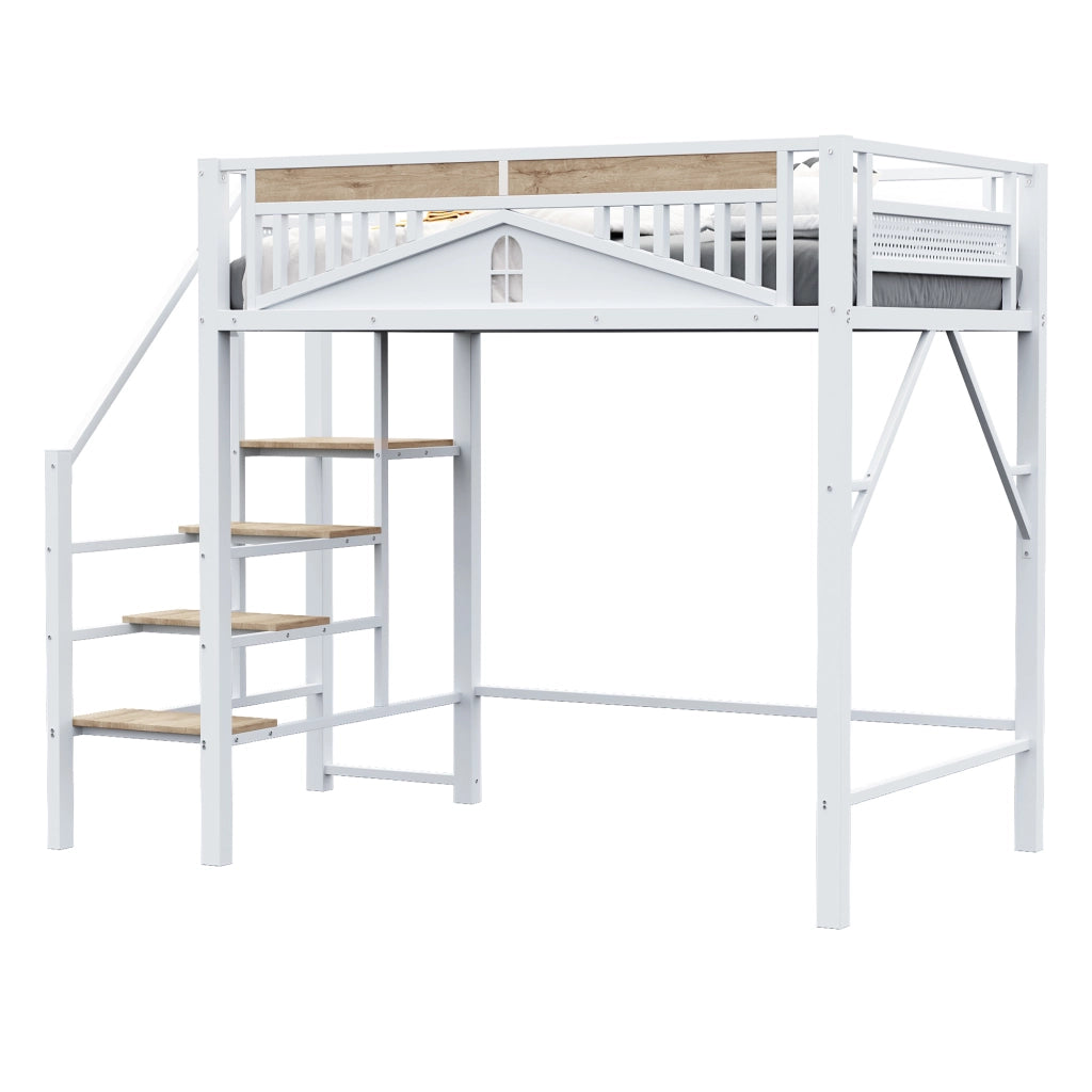 Letto a castello metallo e legno bianco con scala di sicurezza e spazio di stoccaggio 140x200 cm