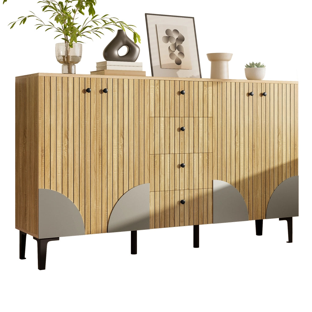 Armadio contenitore moderno con 4 ante e 4 cassetti; 160x36x94 cm; effetto legno