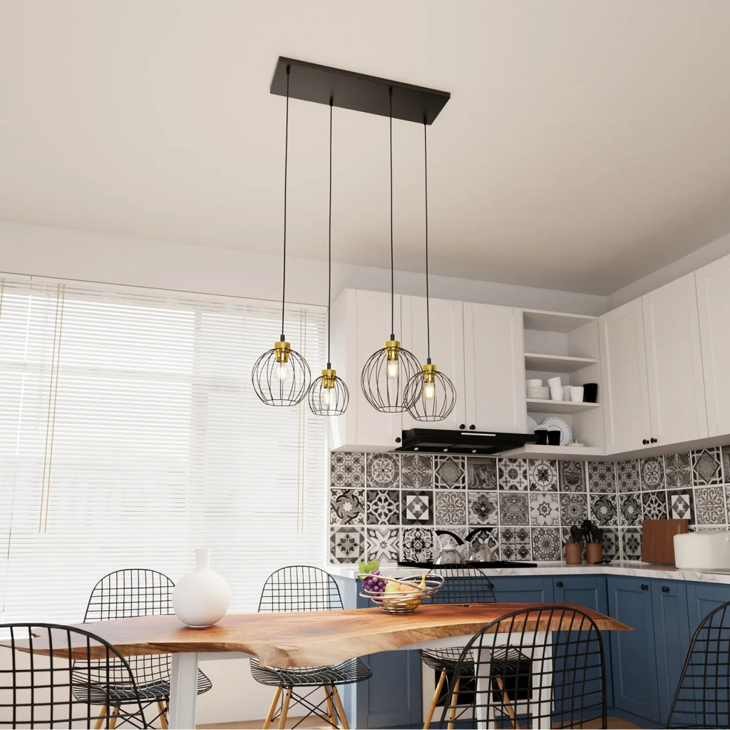 Sospensione Minimal Industrial Hathor 4 Luci Lineari Nera E Oro