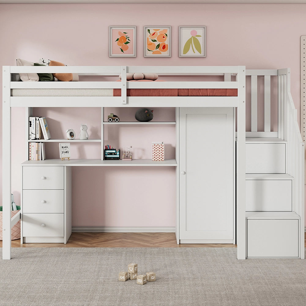 Letto a soppalco con scrivania e armadio - Xylo - 90x200 cm - Bianco - Scrivania, armadio, cassetti