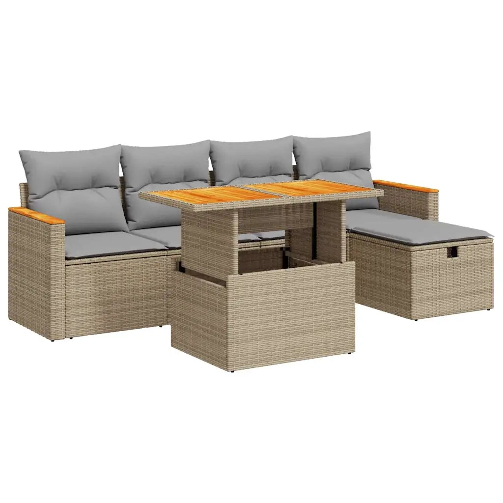 Set Divano da Giardino 6 pz con Cuscini Beige in Polyrattan