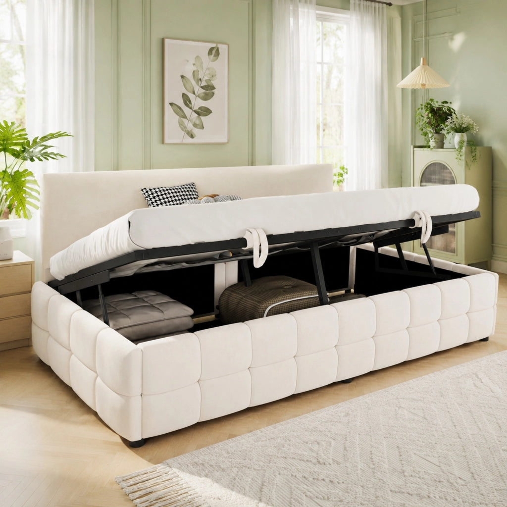 Letto singolo imbottito 90x200 cm con contenitore idraulico e schienale in velluto beige