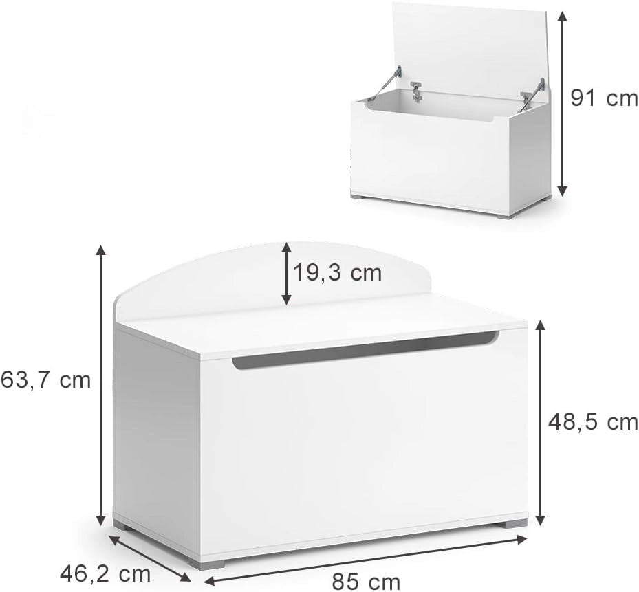 Cassapanca per giocattoli Arno, Bianco, 85 x 63.7 cm con coperchio, utilizzabile come soluzione di conservazione per giocattoli e accessori