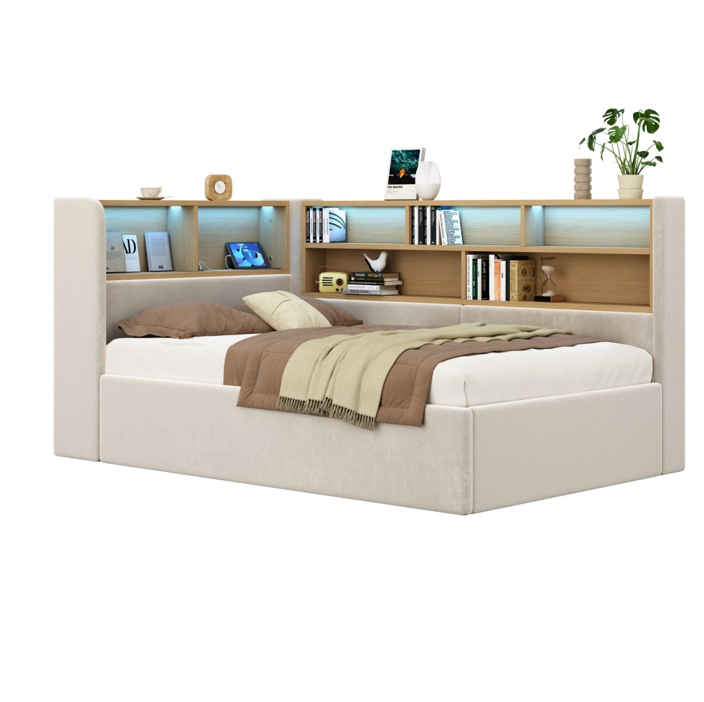 Letto con contenitore idraulico, LED e USB-C in velluto beige