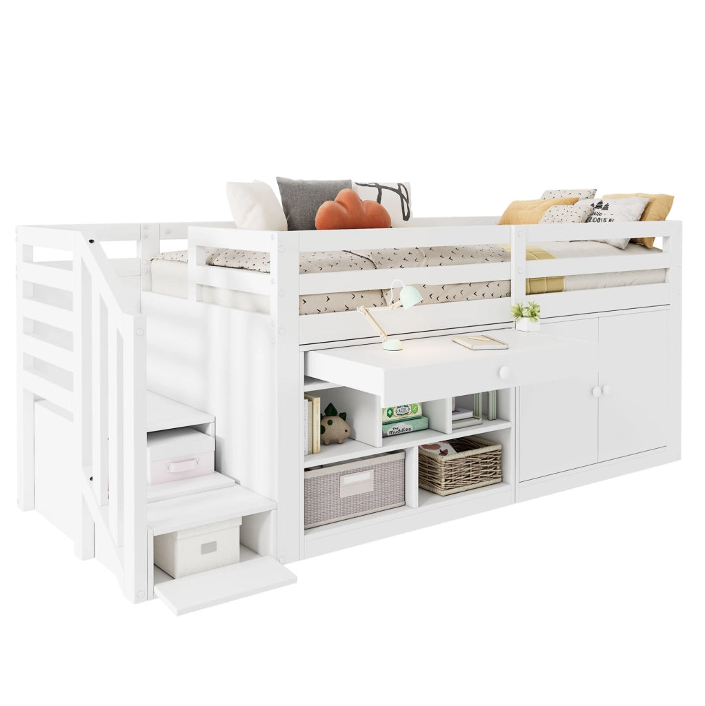 Letto multifunzione per bambini 90x200 cm bianco con contenitore e scrivania