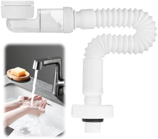 Sifone 1 1/4 Pollici, Sifone Spaziale, Sifone Wastafello Instabile, Sifone Flexibile, Sifone Flexibile con Alta Capacità di Assorbimento, Sifone Interchangeabile con Tubo di Scarico (Bianco)