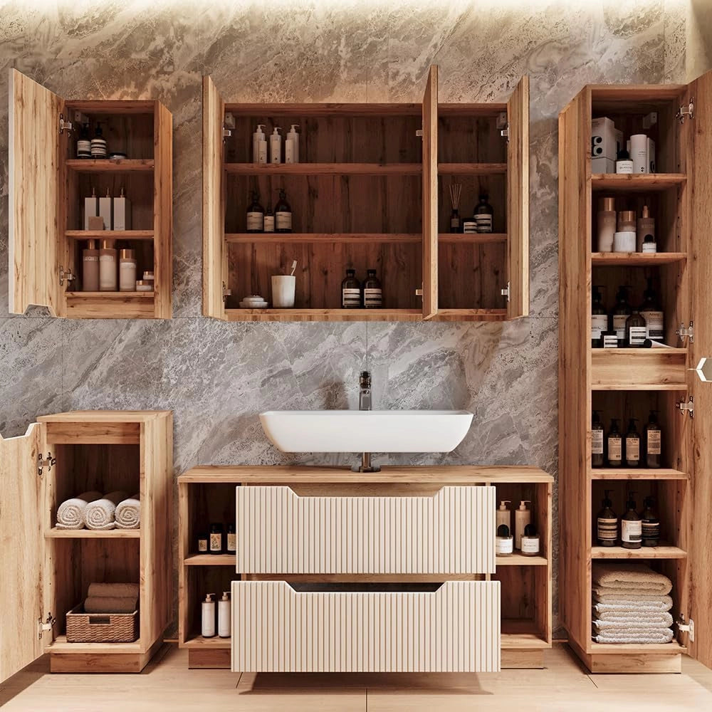 Set di mobili da bagno Lotta, Rovere/cashmere a righe, 3 parti