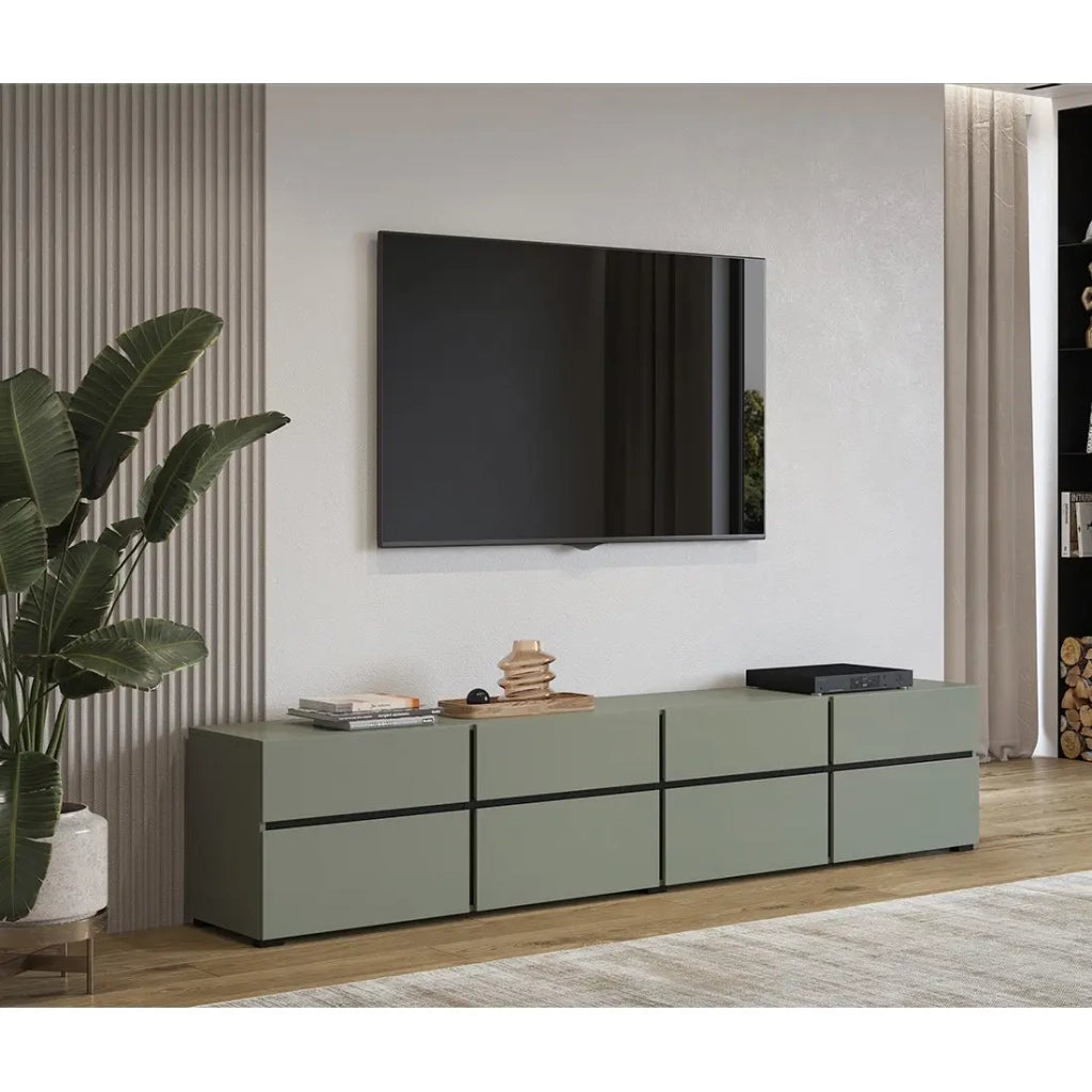 Mobile TV XL colore verde salvia e nero 225cm collezione HAVANA. Mobile design con 4 porte e 4 cassetti.
