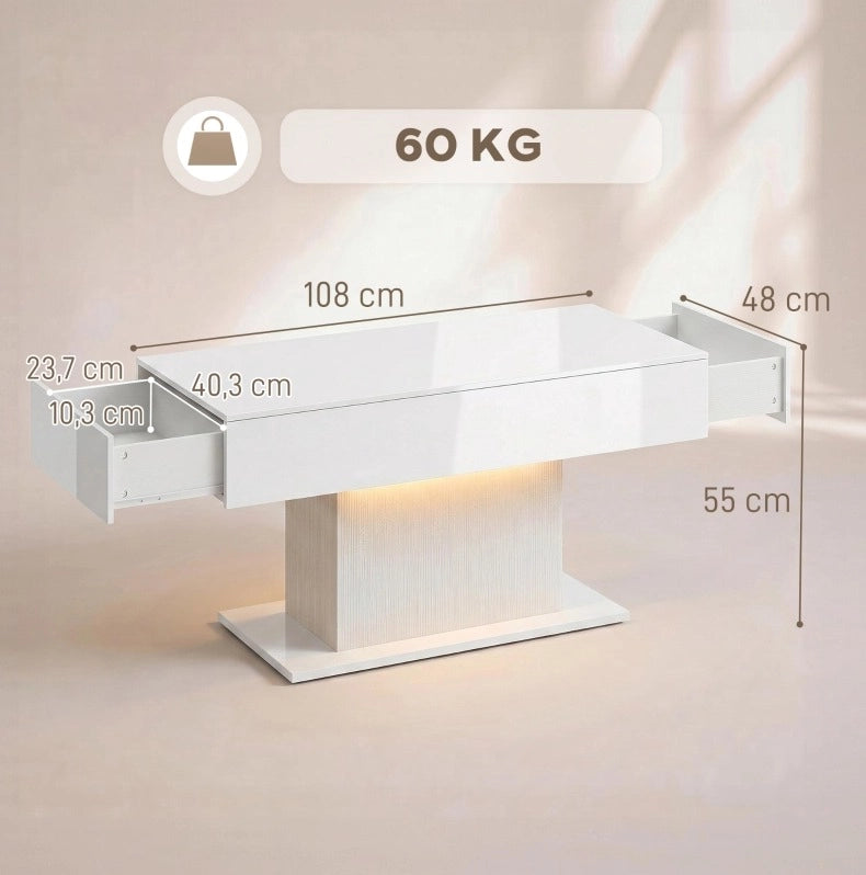 Tavolino da caffè con LED RGB e 2 cassetti, bianco lucido