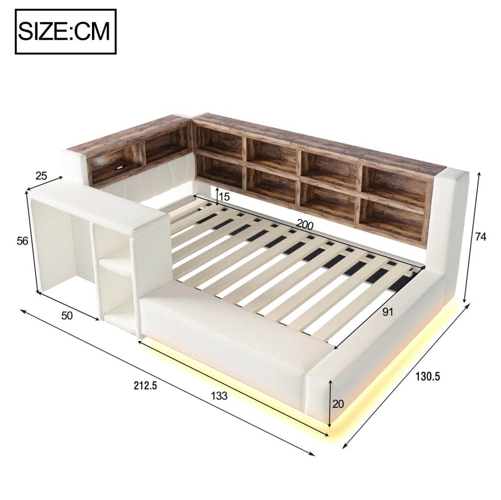 Letto imbottito 90x200 cm con contenitore; LED; prese integrate e comodino laterale; beige