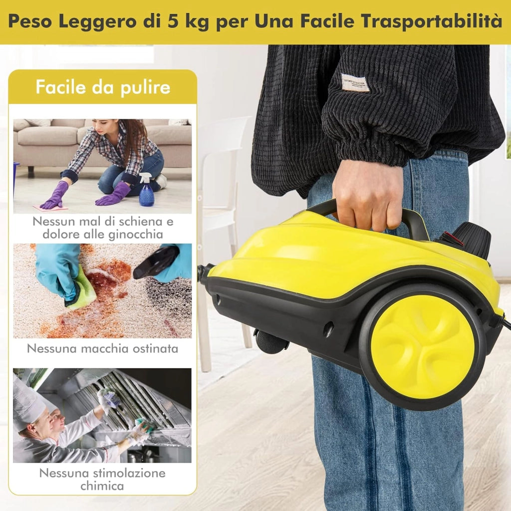2000W Pulitore a Vapore, Macchina per Pulizia Rotante con 13 Accessori, Capacità d'Acqua di 1,8L, Macchina a Vapore Multiuso per Tappeti Finestre Vetri e Tende (Giallo)
