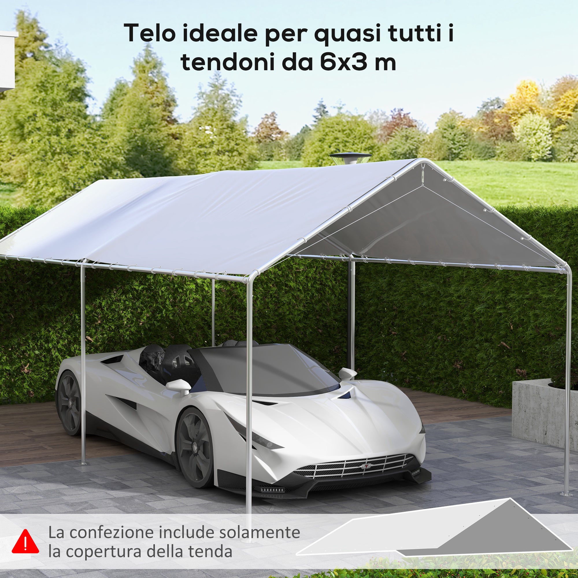 Copertura di Ricambio 600x300 cm Anti-UV per Carport Auto con Corde Elastiche in PE Bianco