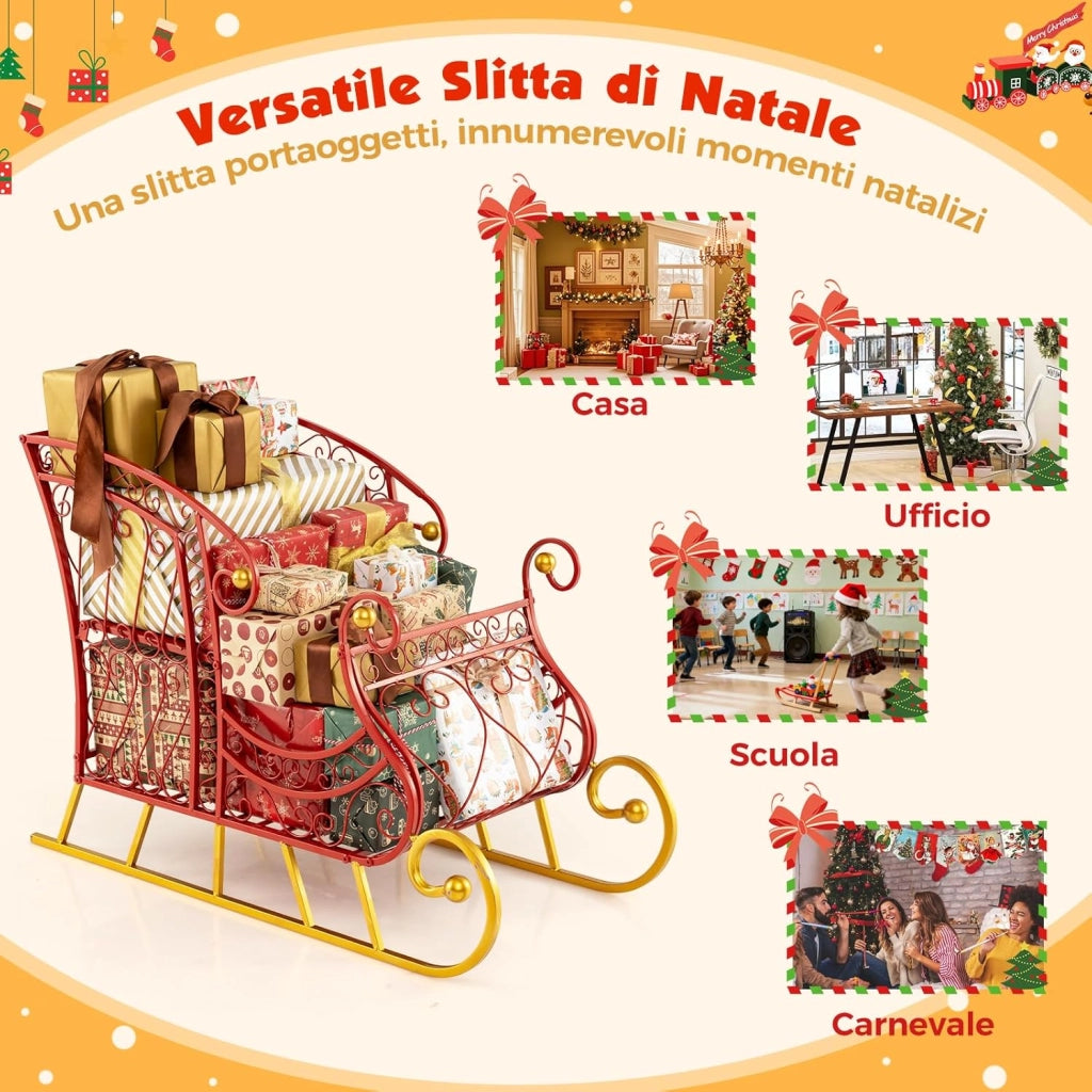 COSTWAY Slitta di Babbo Natale, Slitta di Babbo Natale in Metallo con Portadoni a 2 Livelli, Decorazione Natalizia con Stelle Dorate, per Casa, Negozio e Ufficio (Modello 3)