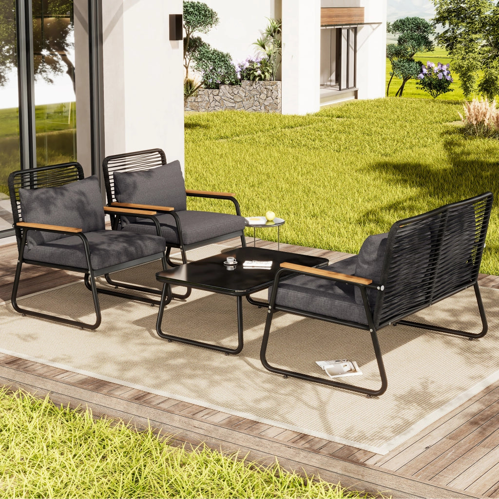 Set Lounge da Giardino 4 Posti con Tavolo ¨C MINIMAL ¨C Polyrattan, Vetro, Nero, Cuscini Inclusi