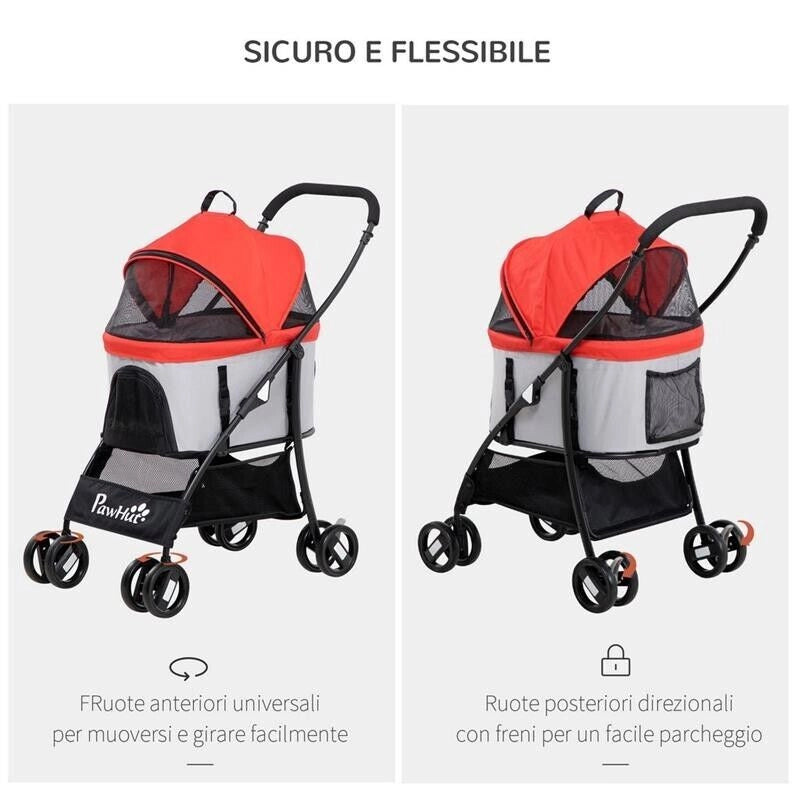 PASSEGGINO PER CANI PIEGHEVOLE CON TRASPORTINO RIMOVIBILE E TETTUCCIO, 82X49.5X98CM, ROSSO