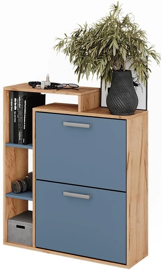 Scarpiera Orlando, Goldkraft rovere/blu, 80 x 90 cm, con due ripiani ribaltabili per riporre le scarpe in modo salvaspazio