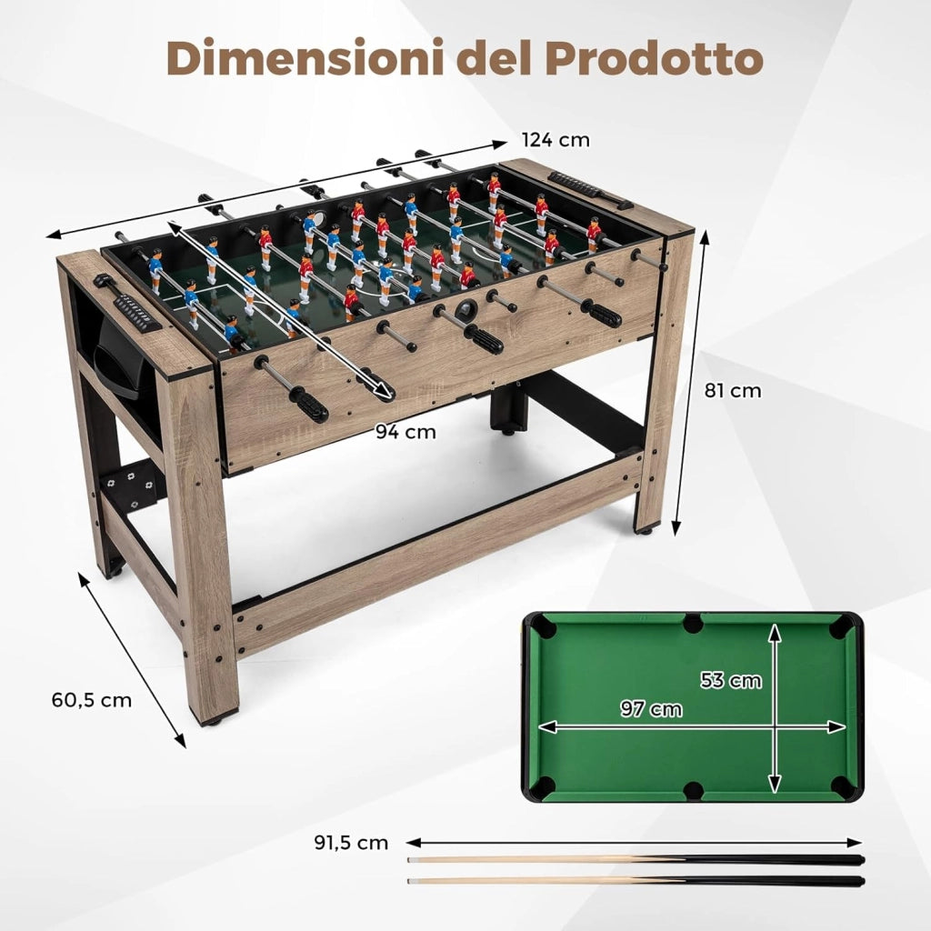 2 in 1 Calcio Balilla, Tavolo da Biliardo con 2 Palline, Stecche Triangolo Spazzola e Gessetti, Tavolo Multigioco per Casa Sala Giochi e Feste