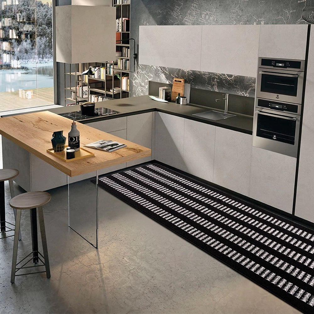 Tappeto Cucina Morbido 3D Assorbente Lavabile Antiscivolo Passatoia Bordata A Righe 57x230 Nero