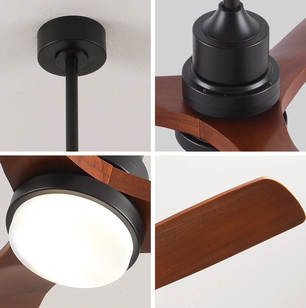 Ventilatore da soffitto 60 pollici in legno massello con luce LED; telecomando; nero noce