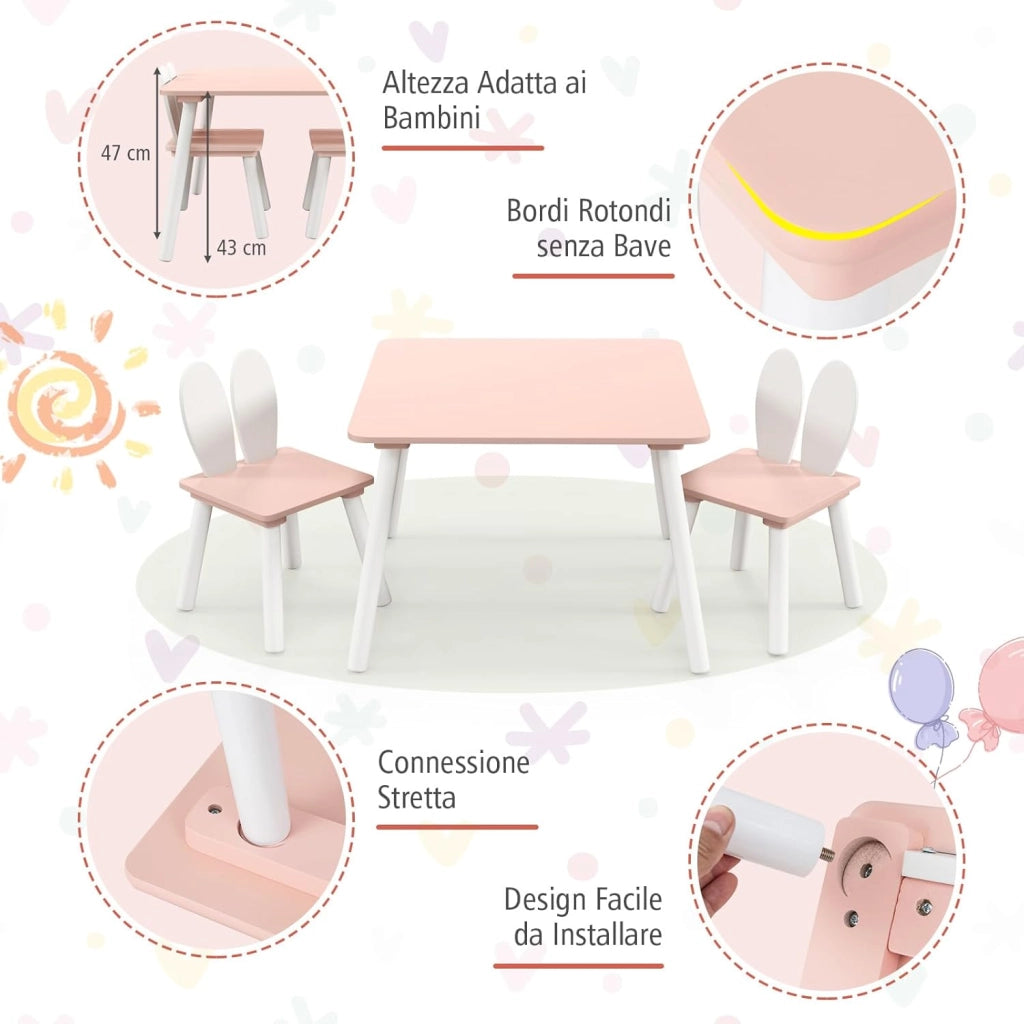 Tavolo Bambini con Sedie, Set Tavolo e Sedie in Legno per Bambini 3-6 anni con Schienale a Forma di Coniglio, Tavolino con Sedie per Giocare, Disegnare e Leggere, Capacità di 40 kg (Rosa)