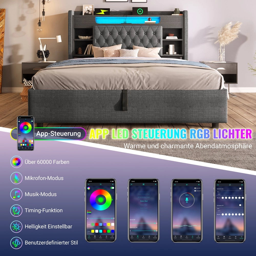 Letto imbottito contenitore con LED ¨C Minimal ¨C grigio tessuto 140x200cm