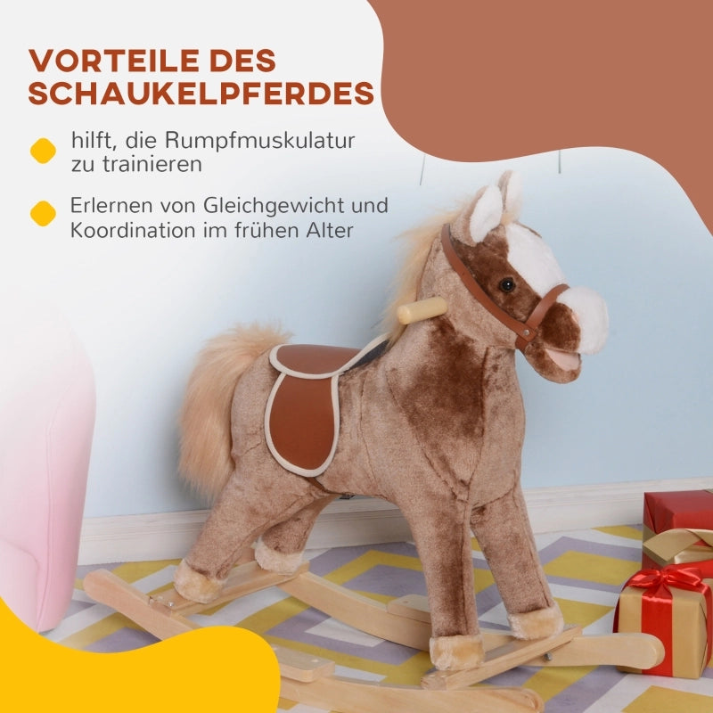 Cavallo a dondolo per bambini, peluche a dondolo, marrone, L74 x P33 x H62 cm
