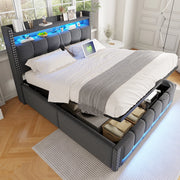 Letto imbottito 160x200 cm grigio con LED, USB, testiera con ripiani e contenitore idraulico