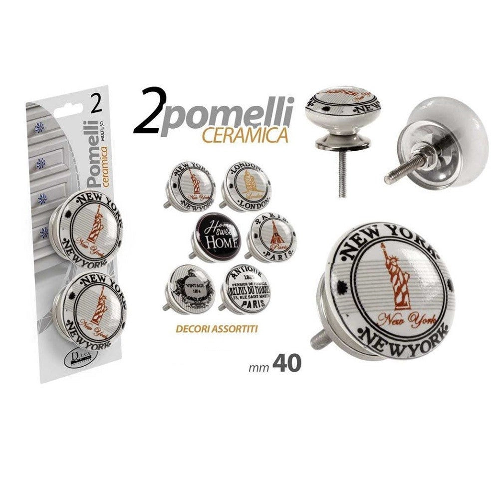 Trade Shop - Kit 2pz Pomelli Mobili Multiuso Pomello In Ceramica 40mm Decori Assortiti 843037 -