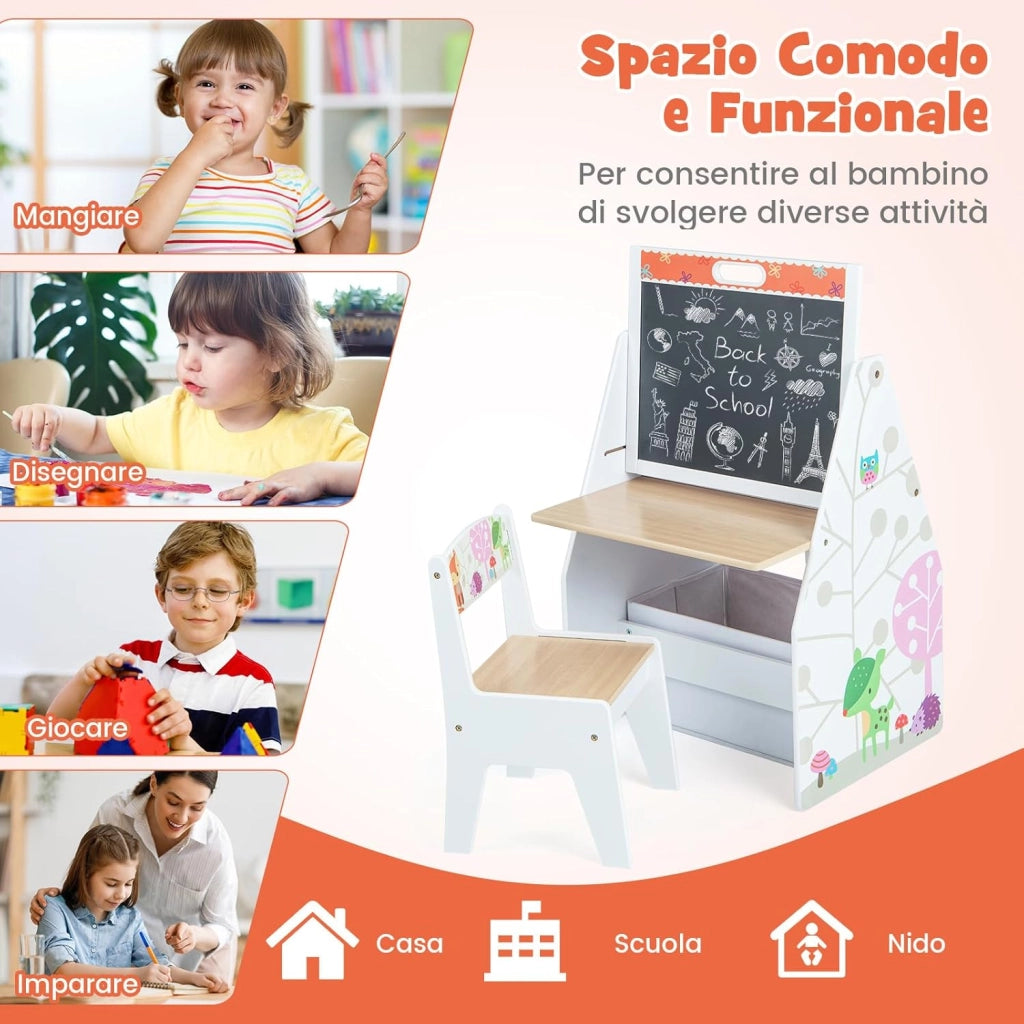 Cavalletto per Bambini Doppio Lato, Set Tavolo e Sedia per Bambini con Lavagna Magnetica e Lavagna Bianca, Contenitore in Tessuto e Libreria(Bianco)