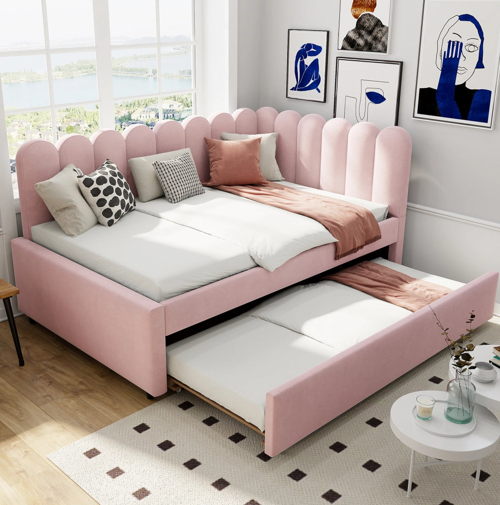 Letto imbottito a L rosa 140x200 cm con letto estraibile