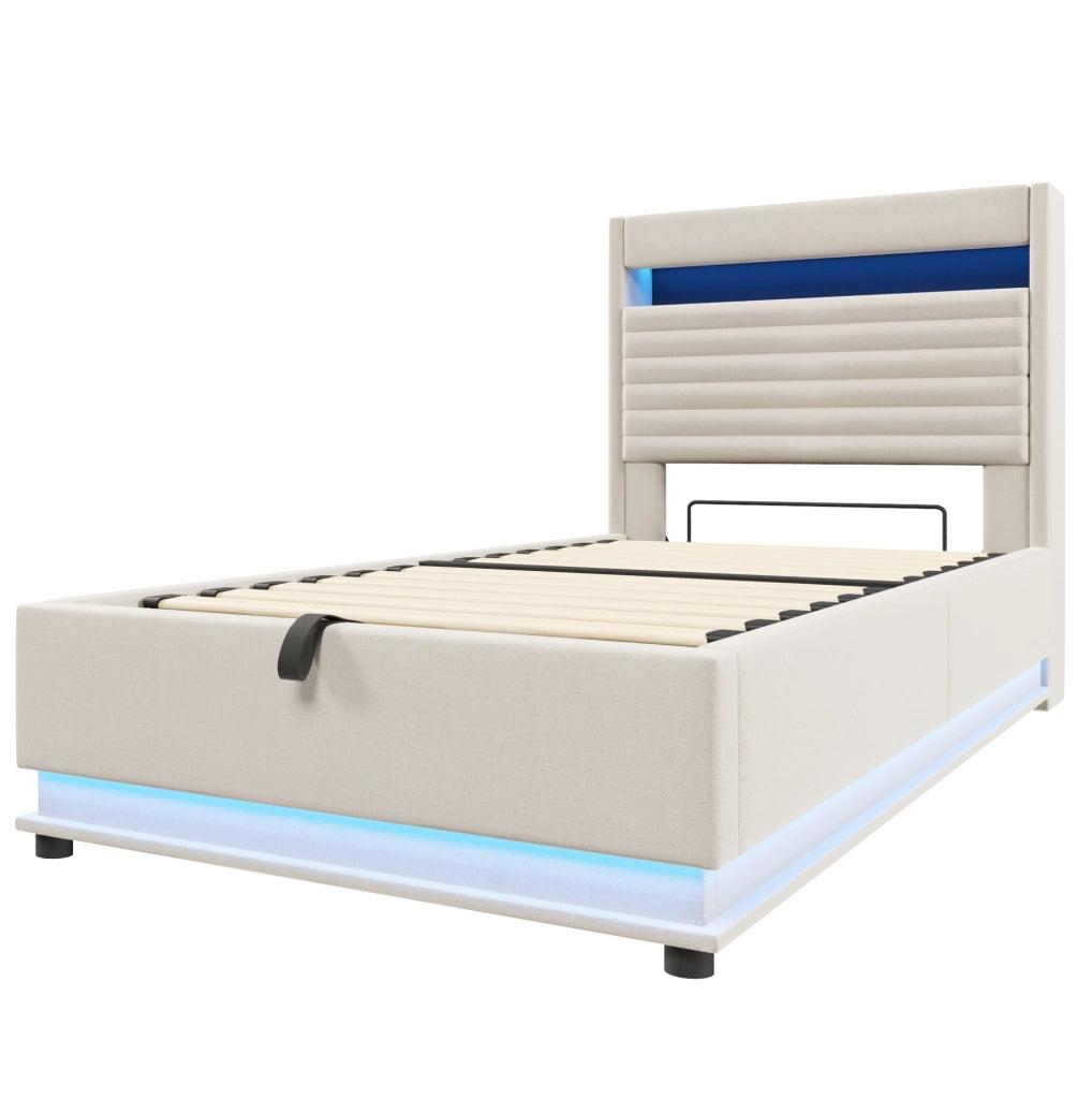 Letto imbottito 90x200 cm con contenitore; LED e ricarica USB Type-C in lino beige