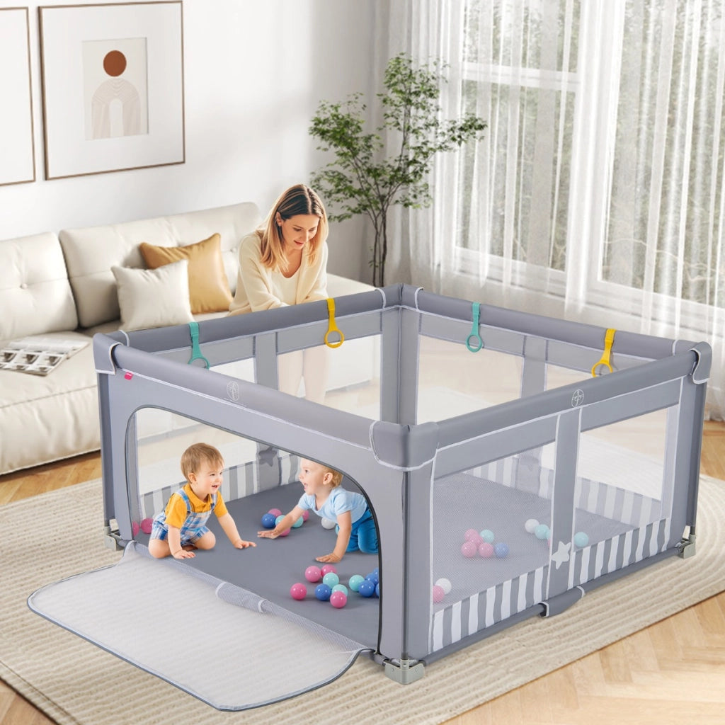 Box per bambini 150 x 150 cm senza montaggio, Recinto pieghevole per bambini con cancello con cerniera Grigio-Cancelletti di sicurezza