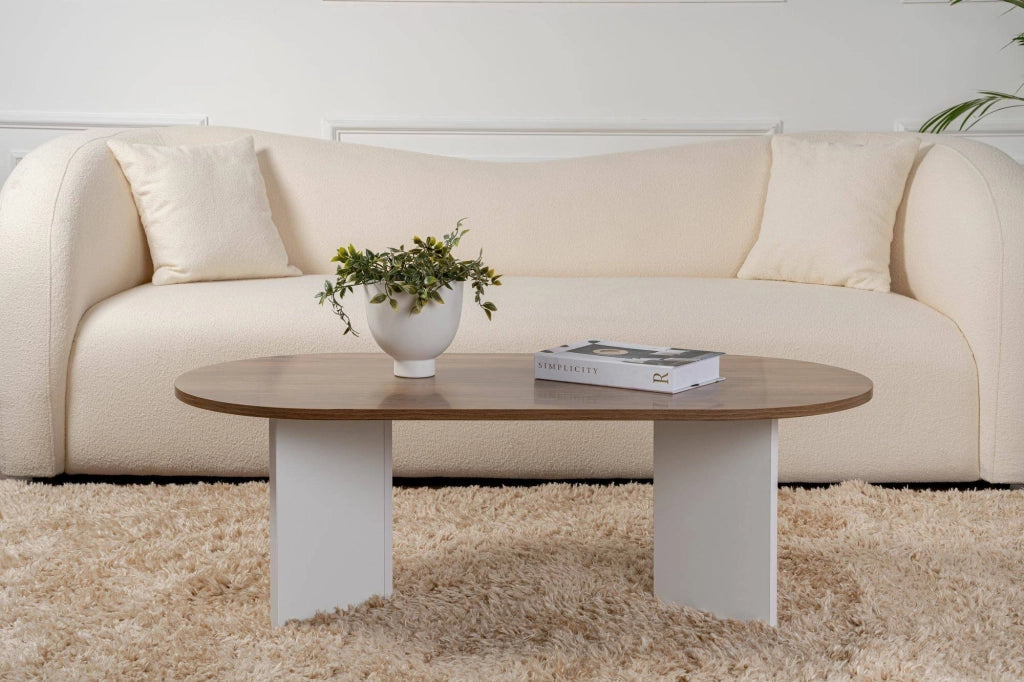 Tavolino da salotto Elain, Tavolo basso da caffè, Portariviste per divano, Ripiano da soggiorno, 119x60 h40 cm, Noce e Bianco