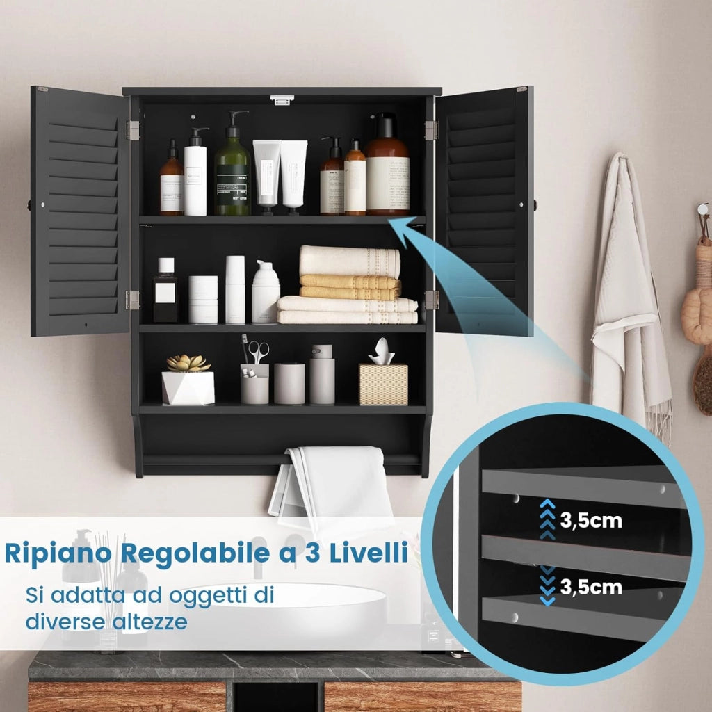 Armadietto da Bagno Sospeso 60x22x75cm, Mobile da Parete con 2 Ante, con Ripiano Regolabile in 3 Posizioni e Barra Porta Asciugamani (Nero)