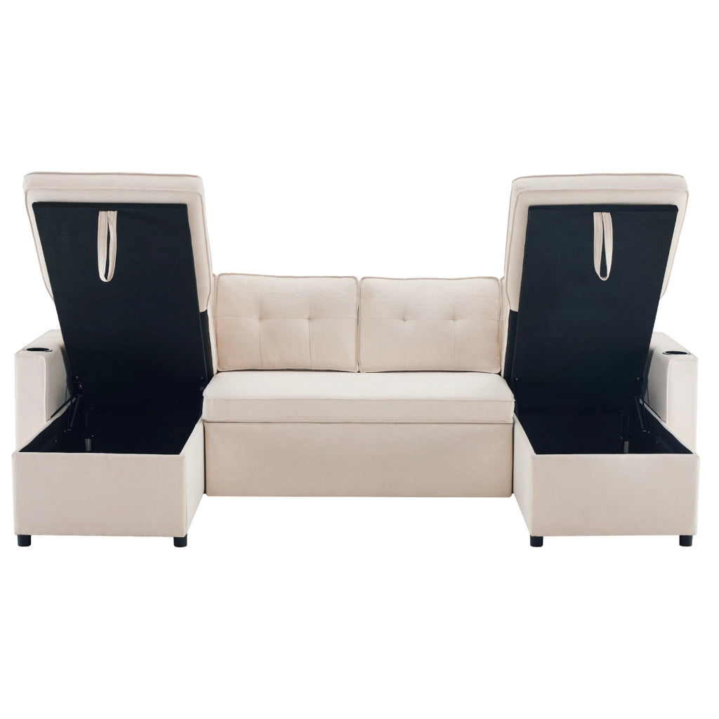Divano Letto U con Funzione Letto ¨C MINIMAL ¨C Tessuto Cotone Lino, Portabicchieri, Vani Contenitore