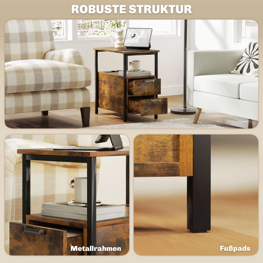 TAVOLINO Laterale 55x35x58,5 cm Marrone con 2 cassetti e prese integrate