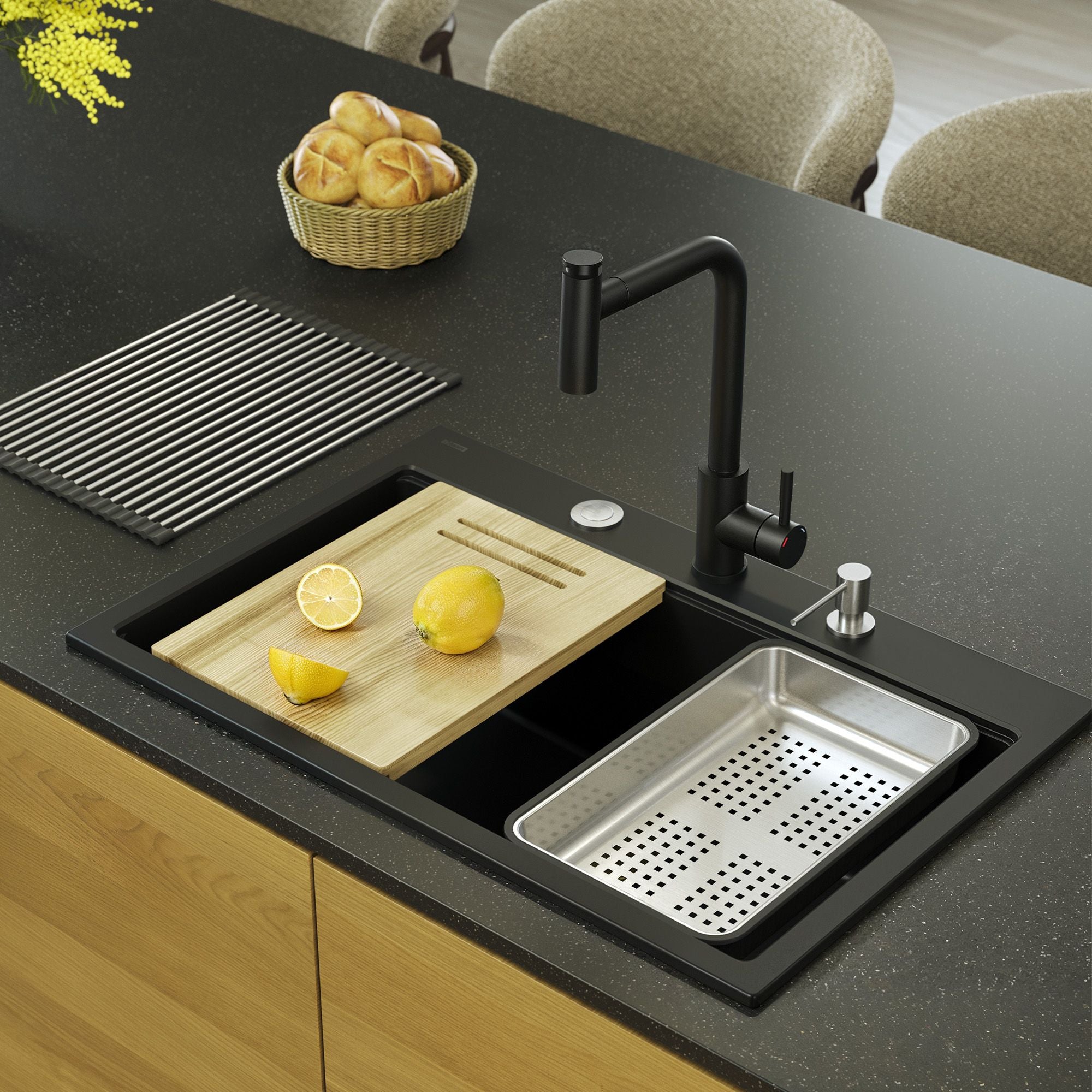 Lavello In Granito Marc 110 Workstation Black Acciaio