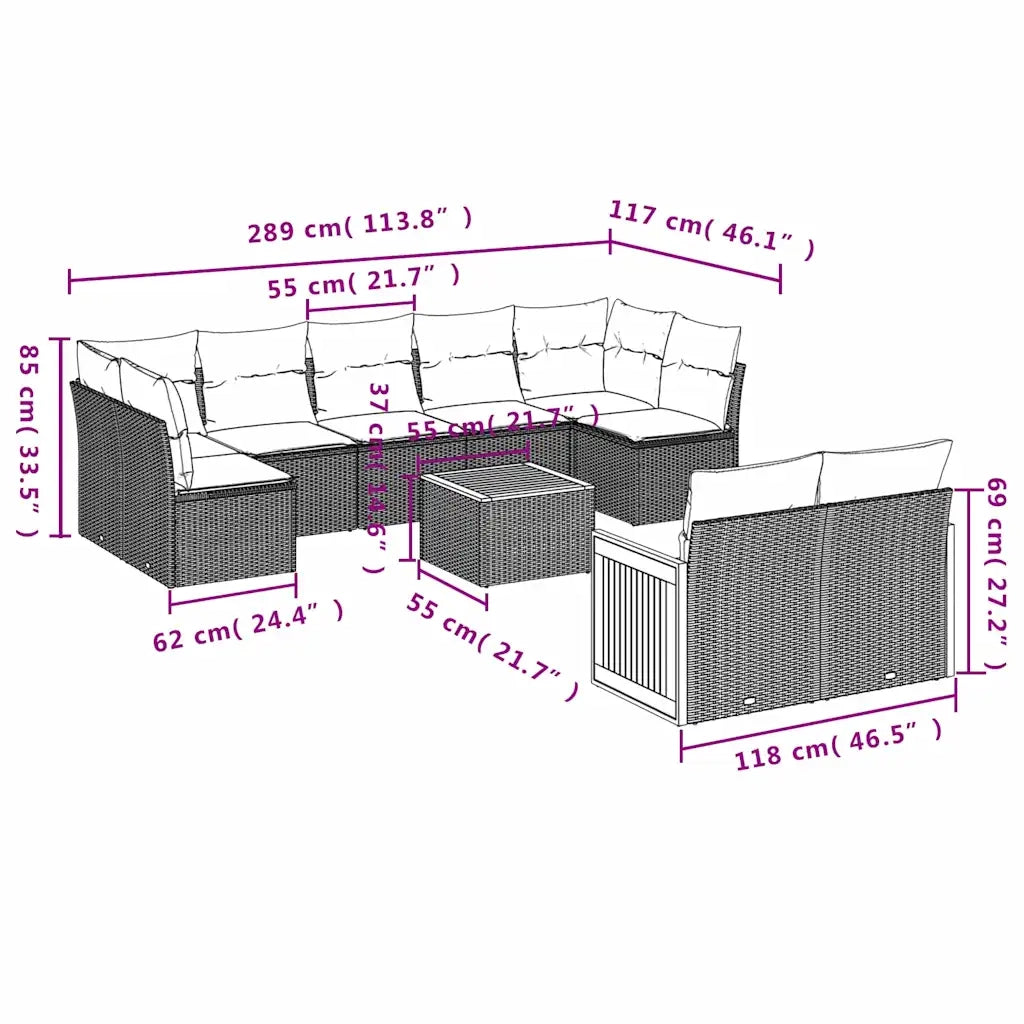 Set Divani da Giardino 9 pz con Cuscini Nero in Polyrattan 3227849
