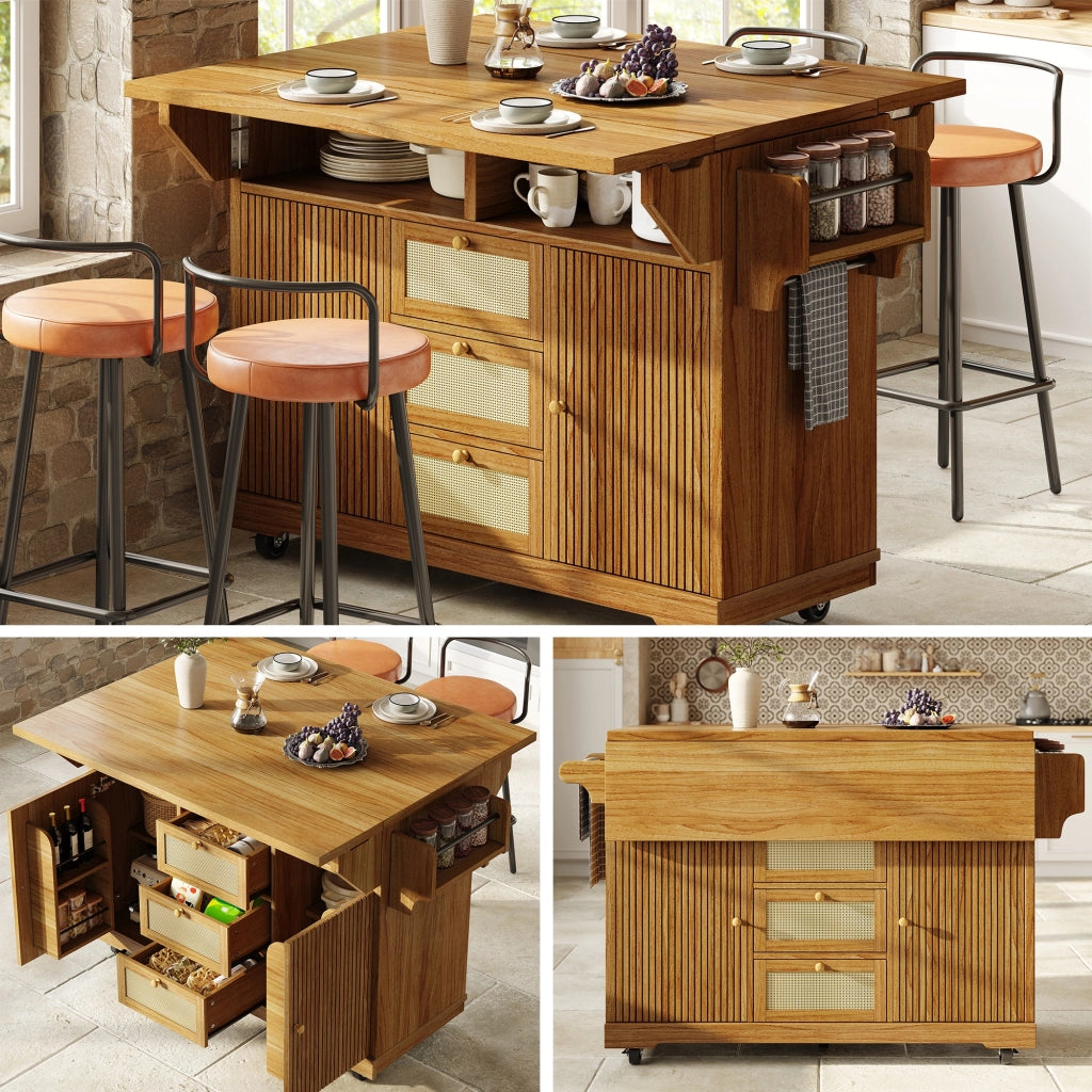 Carrello da cucina, credenza da cucina, mobile da cucina, con rotelle, piano di lavoro ribaltabile, 3 cassetti, colore marrone