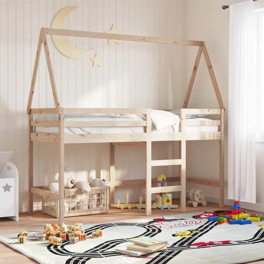 Letto Soppalco con Scala e Tetto 90x190 cm Legno Massello Pino